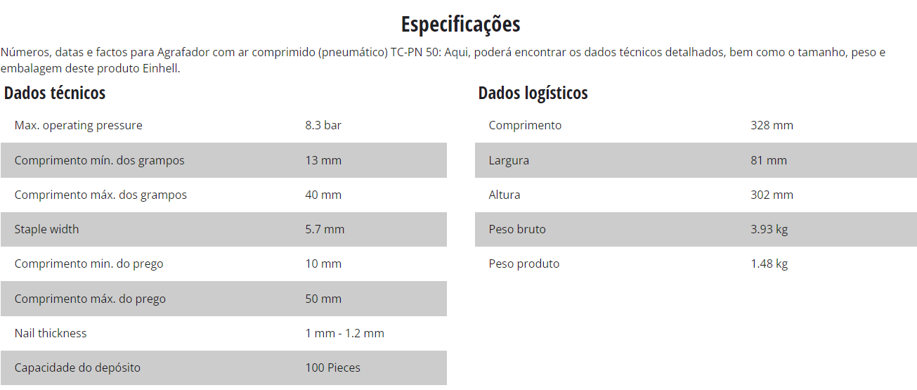Agrafador com ar comprimido (pneumático) TC-PN 50